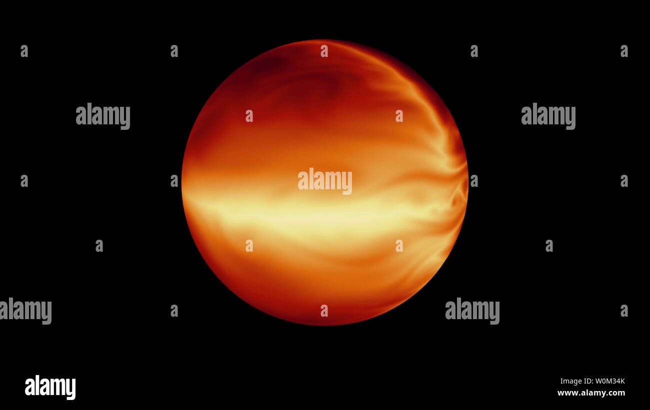 This NASA/JPL-CalTech image, a simulation based on data from NASA's Spitzer Space Telescope, illustrates the turbulent atmosphere of a hot, gaseous planet known as HD 80606b. Spitzer measured the whole heating cycle of this planet, determining its coolest (less than 400 degrees Fahrenheit) and hottest (2,000 degrees Fahrenheit) temperatures. HD 80606b is an eccentric Jupiter, a Jovian planet that orbits its star in an eccentric orbit, 190 light-years from the Sun in the Ursa Major constellation. UPI Stock Photo