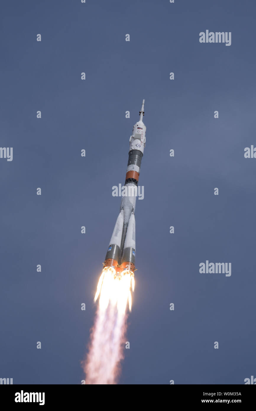 The Soyuz MS-04 rocket launches from the Baikonur Cosmodrome in Kazakhstan on Thursday, April 20, 2017, carrying Expedition 51 Soyuz Commander Fyodor Yurchikhin of Roscosmos and Flight Engineer Jack Fischer of NASA into orbit to begin their four and a half month mission on the International Space Station. NASA Photo by Aubrey Gemignani/UPI Stock Photo