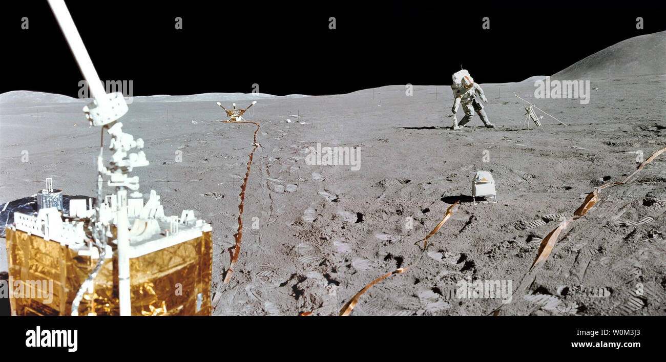 This mini-panorama combines two photographs taken by Apollo 15 lunar module pilot Jim Irwin, from the Apollo Lunar Surface Experiments Package (ALSEP) site, at the end of the second Apollo 15 moonwalk on August 1, 1971. Apollo 15 was the fourth crewed mission to land on the Moon and the first to visit and explore the Moon's Hadley Rille and Apennine Mountains which are located on the southeast edge of the Mare Imbrium (Sea of Rains). NASA/UPI Stock Photo