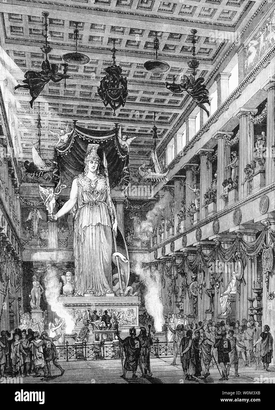 A reconstruction of the interior of the Parthenon, a former temple on the Acropolis, Athens, Greece, dedicated to the goddess Athena, patron saint of Athenians. Completed in 438 BC, decoration of the building continued until 432 BC. It is considered to be the zenith of the Doric order with its decorative sculptures considered some of the high points of Greek art. To the Athenians, the Parthenon and other Periclean monuments of the Acropolis were seen fundamentally as a celebration of Hellenic victory over the Persian invaders and as a thanksgiving to the gods for that victory. Stock Photo