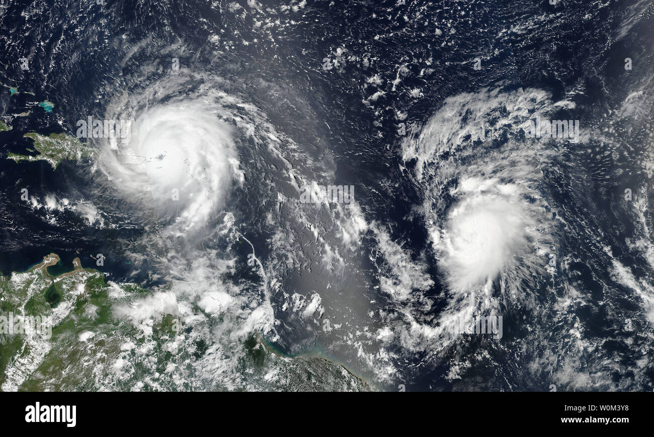 NASA-NOAA's Suomi NPP satellite captured this image of Hurricane Irma and Hurricane Jose over the Atlantic Ocean on September 6, 2017, at 1:24 p.m. EDT (1824 UTC). As of 5 p.m. on September 6, Irma was moving away from the Virgin Islands and spreading over portions of Puerto Rico. A state of emergency was declared in the state by Governor Scott on Monday. Hurricane Irma was elevated to a category 5 storm on Tuesday morning. NASA/UPI Stock Photo