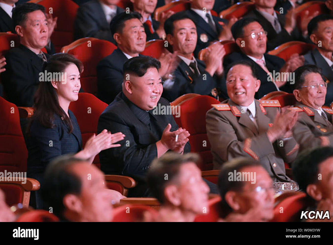 North Korean leader Kim Jong Un, accompanied by his wife, Ri Sol-Ju, hosted a lavish gala at the People's Theatre in Pyongyang on September 10, 2017, to celebrate last week's 'perfect success in the H-bomb test.' The evening's festivities began with a rendering of the National Anthem before performing 'Glory to General Kim Jong Un,' 'The Glorious Motherland,' and other traditional songs. Photo by KCNA/UPI Stock Photo