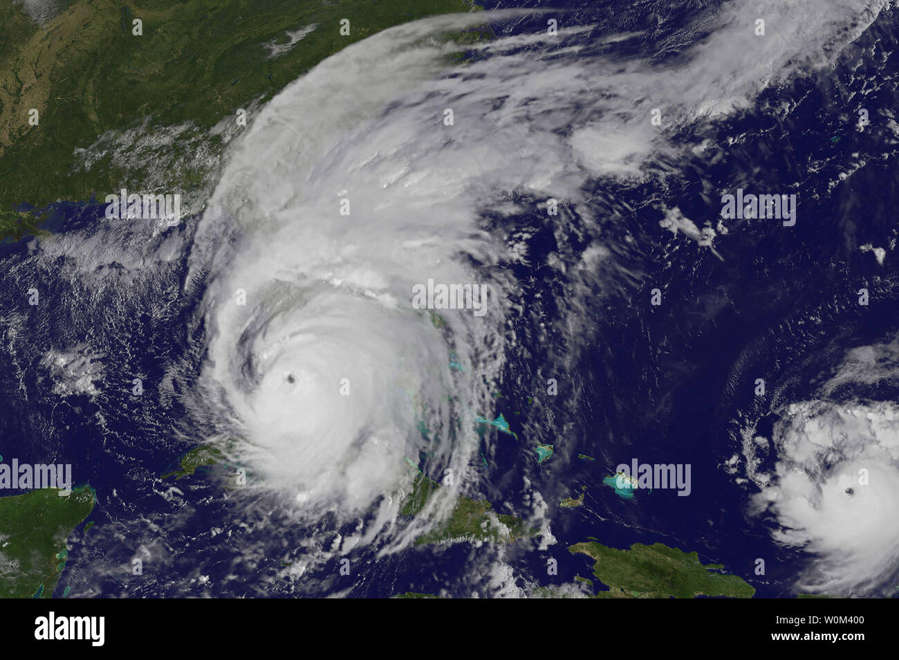 This visible image of Category 4 Hurricane Irma was taken on Sunday, September 10, 2017, at 9:25 a.m. EDT (1325 UTC) by the NOAA GOES East satellite as its eye approached the southwestern coast of Florida. Hurricane Jose is seen (right) near the Leeward Islands. Florida's Division of Emergency Management estimates that 5.6 million Floridians have been ordered to evacuate as they state prepares for Irma to make landfall early Sunday morning. NASA/UPI Stock Photo