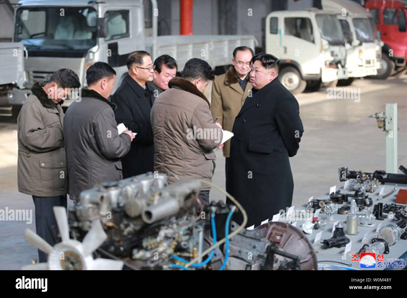 This image released on November 21, 2017, by the North Korean Official News Service (KCNA), shows North Korean leader Kim Jong Un visited the Sungri Motor Complex in Pyongyang. During his tour of the facilities, Kim took the wheel of a newly manufactured truck to experience its performance and technical capabilities. Accompanying him were O Su Yong and Pak Thae Song, vice-chairmen of the C.C., Workers' Party of Korea (WPK), and Jo Yong Won, vice department director of the C.C., WPK. Photo by KCNA/UPI Stock Photo