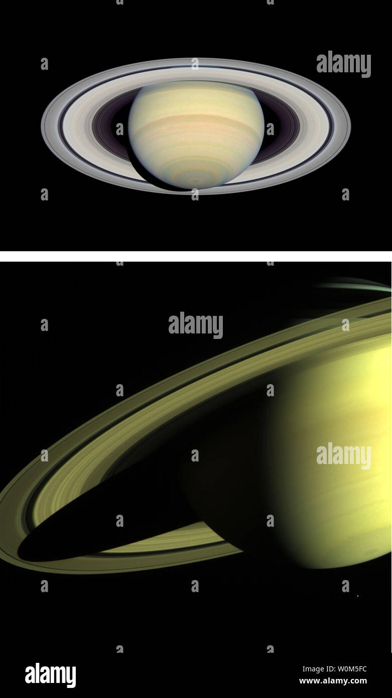 As Saturn grows closer through the eyes of the Cassini spacecraft, set for a July 1, 2004 arrival, both Cassini and the Earth-orbiting Hubble Space Telescope snapped spectacular pictures of the planet and its magnificent rings. For the first time, astronomers can compare views of equal-sharpness of Saturn from two very different perspectives. The view from Hubble, top, taken on March 22, 2004, is so sharp that many individual Saturnian ringlets can be seen. When Cassini returned its picture of Saturn, bottom, on May 16, 2004 it was so close to the planet that the camera could not fit the whole Stock Photo