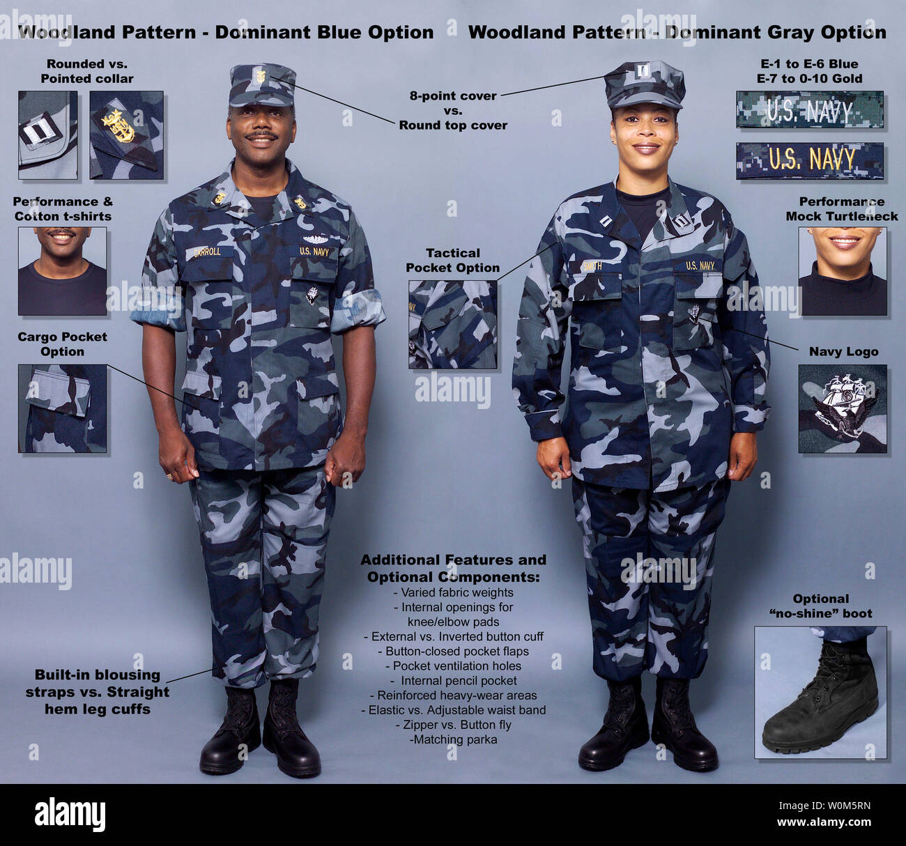 The Navy introduced a set of concept working uniforms for Sailors E-1  through O-10 in response to the fleet's feedback on current uniforms, on  October 18, 2004. These woodland patterns are two