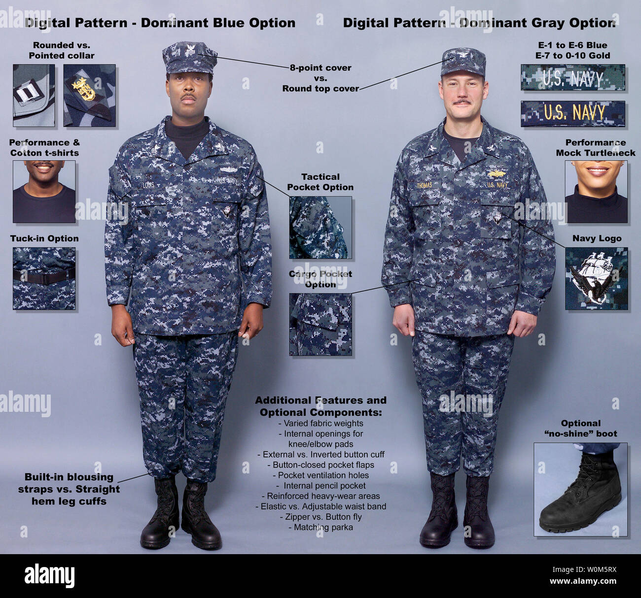 The Navy introduced a set of concept working uniforms for Sailors E-1  through O-10 in response to the fleet's feedback on current uniforms, on  October 18, 2004. These digital patterns are two