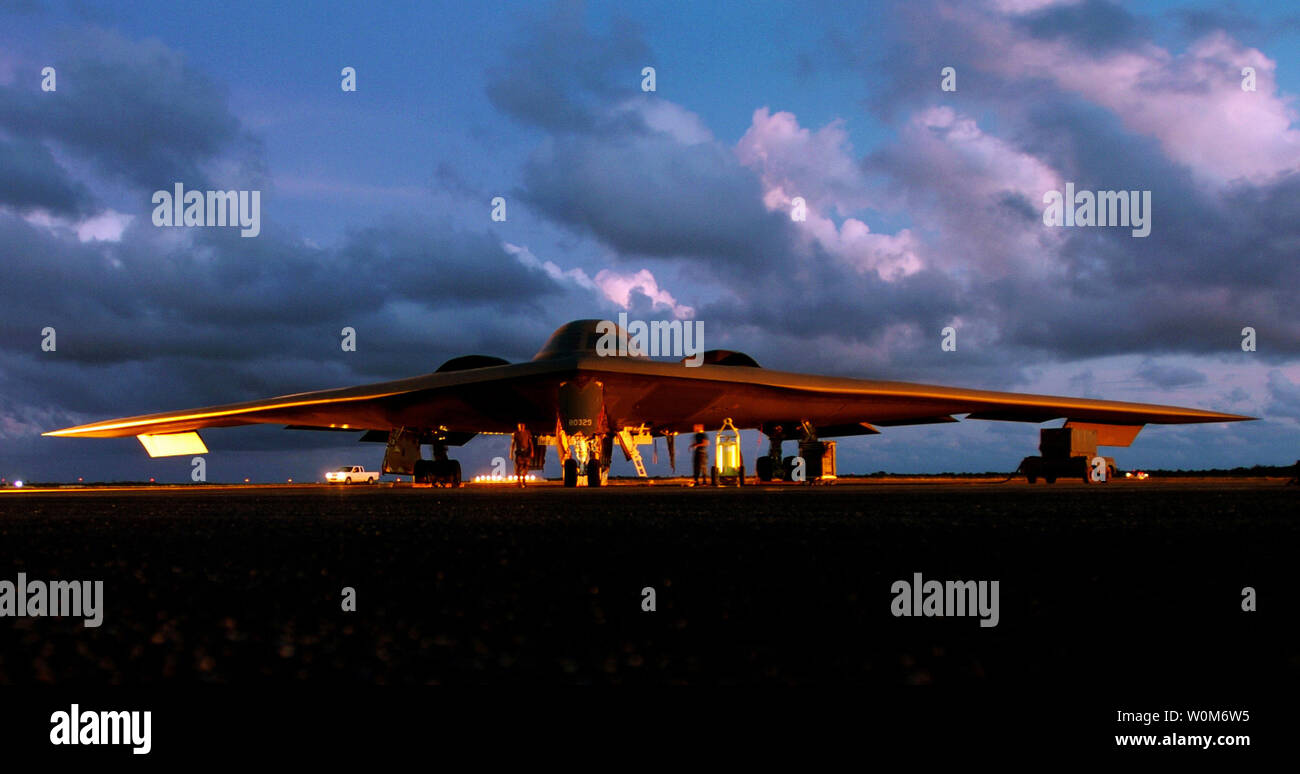 A B-2 Spirit bomber goes through pre-flight checks prior to a morning mission at Andersen Air Force Base, Guam, on April 13, 2005.  The airmen and the bomber are deployed from the 509th Bomb Wing, Whiteman Air Force Base, Mo., as part of an Air Expeditionary Force deployment.  (UPI Photo/Val Gempis/U.S. Air Force) Stock Photo