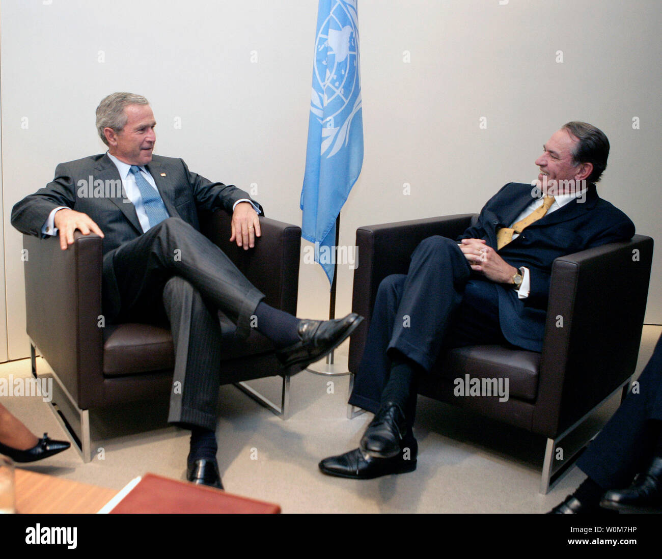 President George W. Bush meets with Jan EliassonÊof Sweden, President of the U.N. General Assembly, Tuesday, Sept. 13, 2005, at the United Nations in New YorkÊ.Ê(UPI Photo/ Eric Draper/White House) Stock Photo