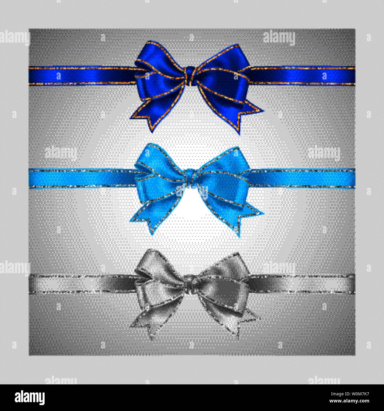 Set of three realistic white blue and azure silk ribbon bow with gold