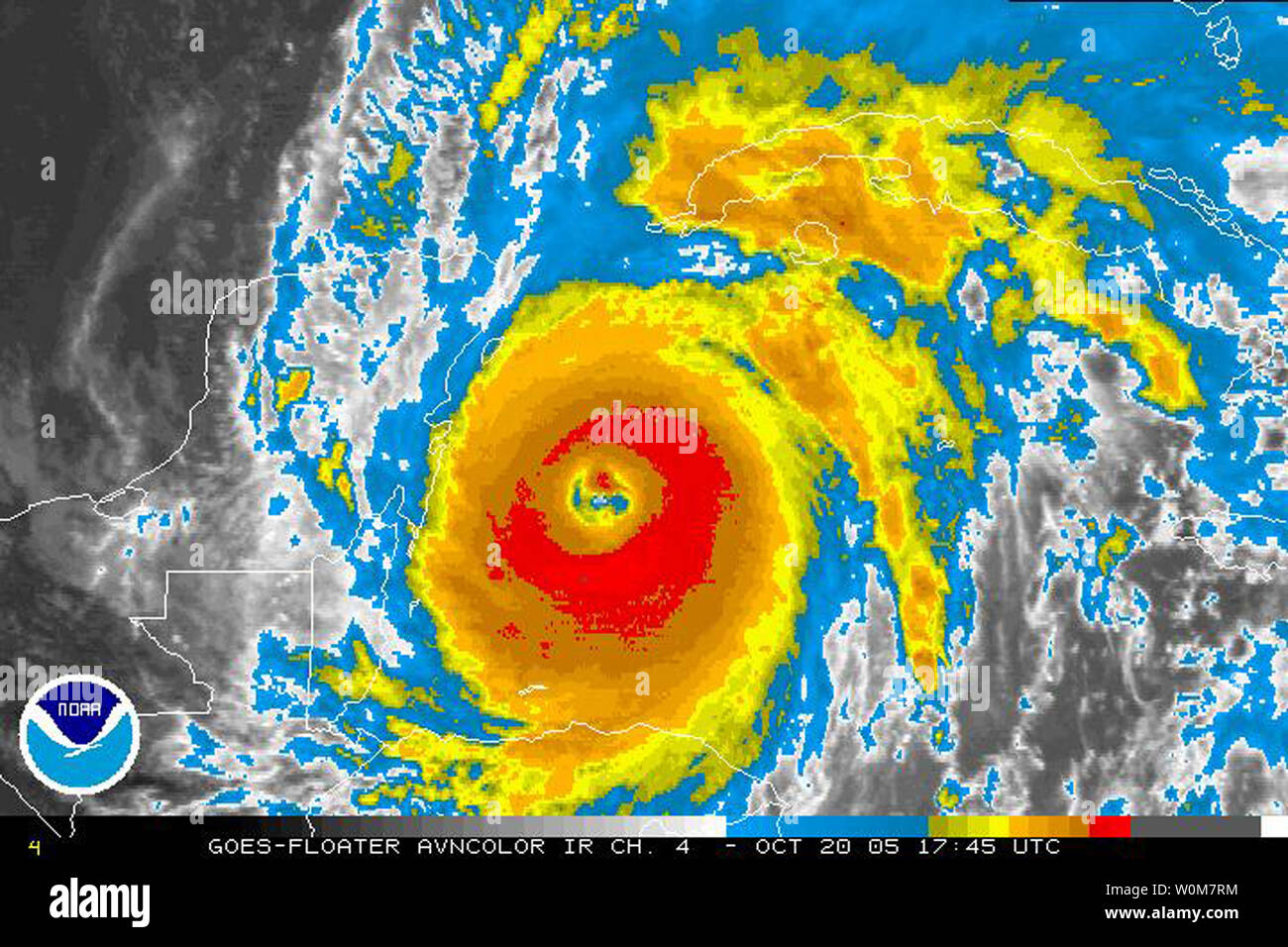 Hurricane Wilma moves through the Carribean Sea in this infrared satellite image supplied by NOAA on October 20, 2005. Wilma became the most intense hurricane recorded in the Atlantic Basin on Wednesday with a minimum central pressure of 882 millibars. The hurricane is forecast to lose some strength before a weekend landfall currently projected to be along the west coast of Florida.   (UPI Photo/NOAA) Stock Photo