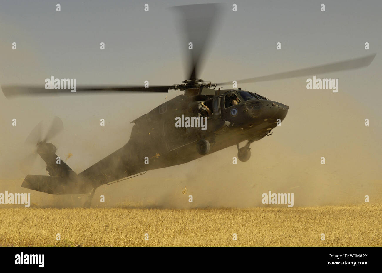 A UH-60 Blackhawk helicopter lands to extract members of the U.S. Army's B Company, 4-23 Infantry Regiment, 172nd Stryker Brigade Combat Team, during an aerial traffic control point mission near Tall Afar, Iraq, on Monday, June 5, 2006.  The Blackhawk crew is from B Company, 1-207 Avn, Alaska National Guard.  (UPI Photo/Jacob N. Bailey/U.S. Air Force) Stock Photo