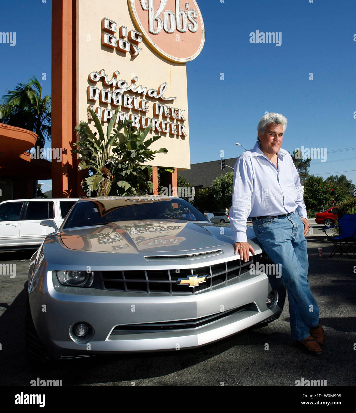 Tonight Show host, comedian and car enthusiast Jay Leno shows off the