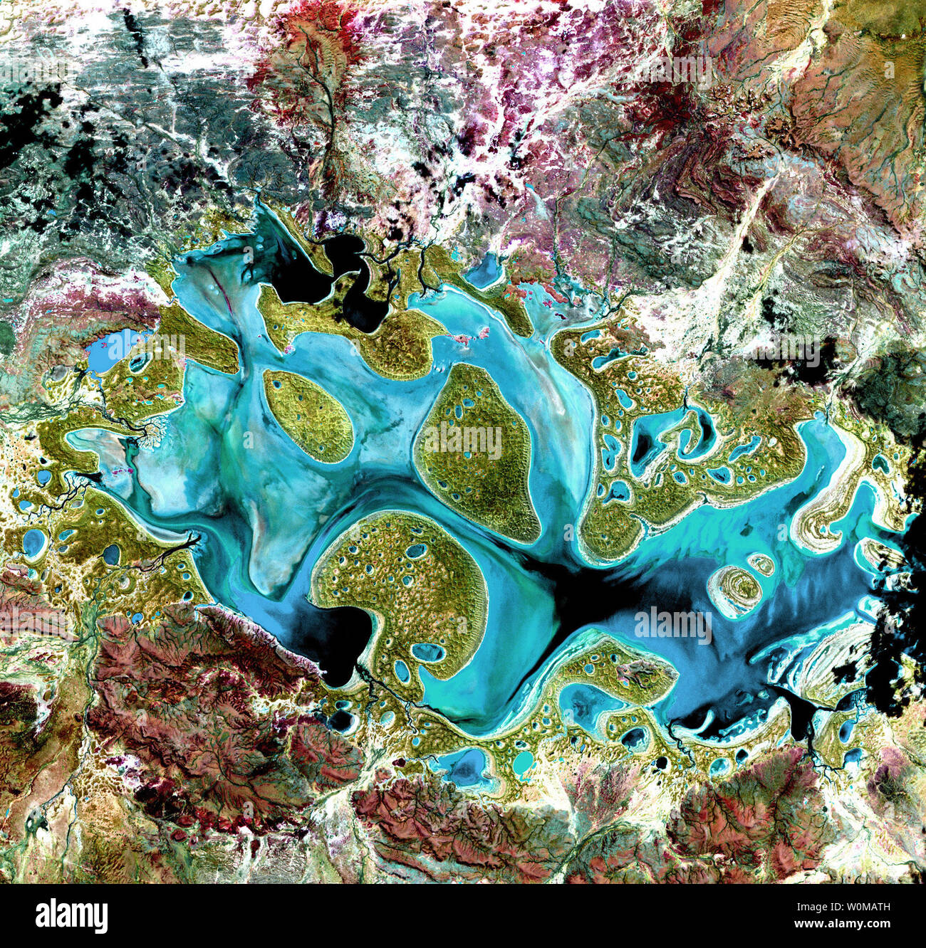 Ephemeral Lake Carnegie, in Western Australia, is shown filled with water after a period of significant rainfall. In dry years, it is reduced to a muddy marsh. This image was acquired by Landsat 7's Enhanced Thematic Mapper plus sensor on May 19, 1999. It is a false-color composite image made using shortwave infrared, infrared and red wavelengths. The image was sharpened using the sensor's panchromatic band. (UPI Photo/NASA) Stock Photo