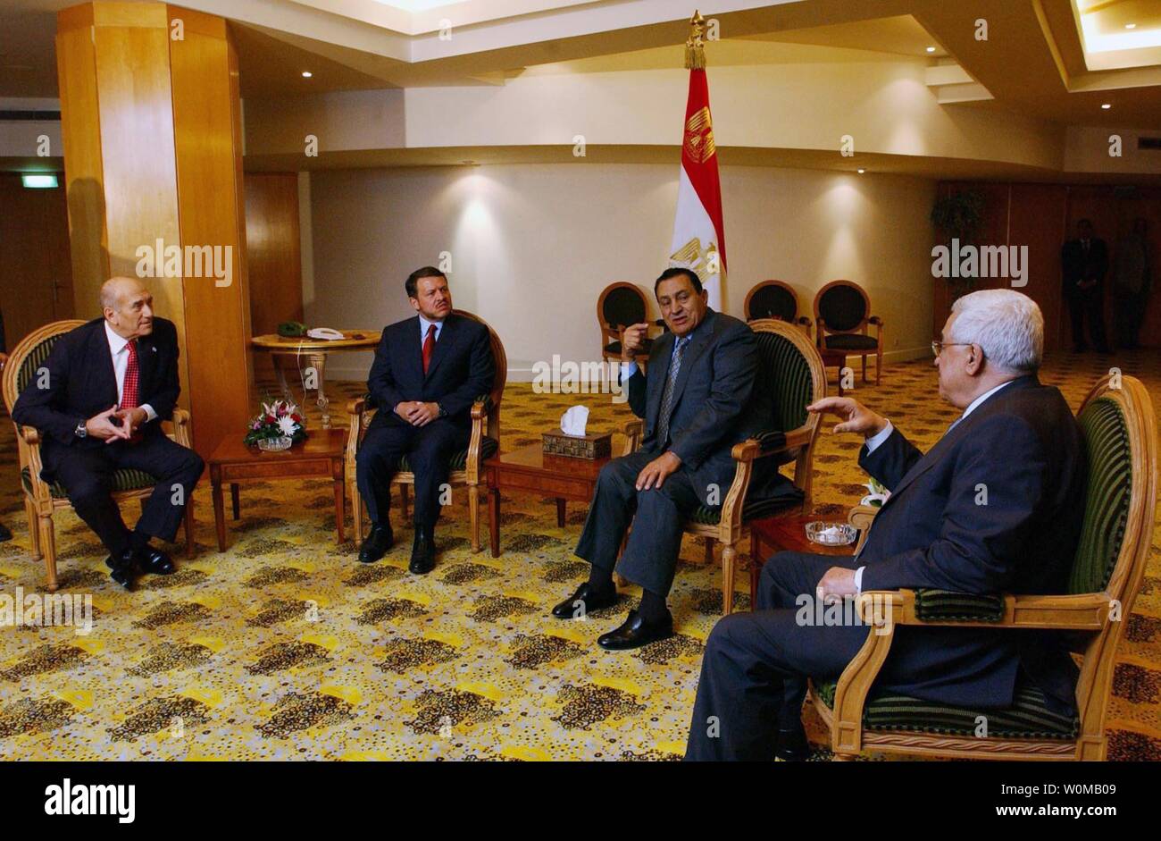 Israeli Prime Minister Ehud Olmert, Jordanian King Abdullah II, Egyptian President Muhammad Hosni Said Mubarak, and Palestinian President Mahmud Abbas (L to R) meet at a regional summit in the Red Sea resort of Sharm el-Sheikh on June 25, 2007. Middle East leaders are meeting in Egypt today seeking to bolster Palestinian president Mahmud Abbas after Hamas's bloody seizure of Gaza but with little hope of a breakthrough on reviving stalled peace talks. (UPI Photo/Omar Rashidi/Palestinian President's Office) Stock Photo