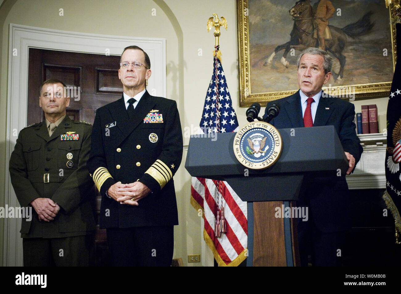 U.S. President George W. Bush announces his nomination of Chief of Naval Operations Adm. Mike Mullen (C) for Chairman of the Joint Chiefs of Staff and Commander of U.S. Strategic Command Marine Gen. James E. Cartwright as Vice Chairman of the Joint Chiefs of Staff, in the Roosevelt Room of the White House in Washington on June 28, 2007. (UPI Photo/Chad J. McNeeley/U.S. Navy) Stock Photo