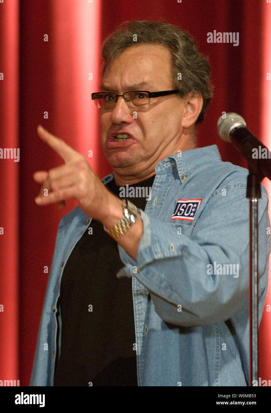 Comedian Lewis Black performs for troops on USO Tour at the Marine Corps Air Station Miramar in San Diego, California on August 15, 2007. (UPI Photo/Dave Gatley/USO) Stock Photo