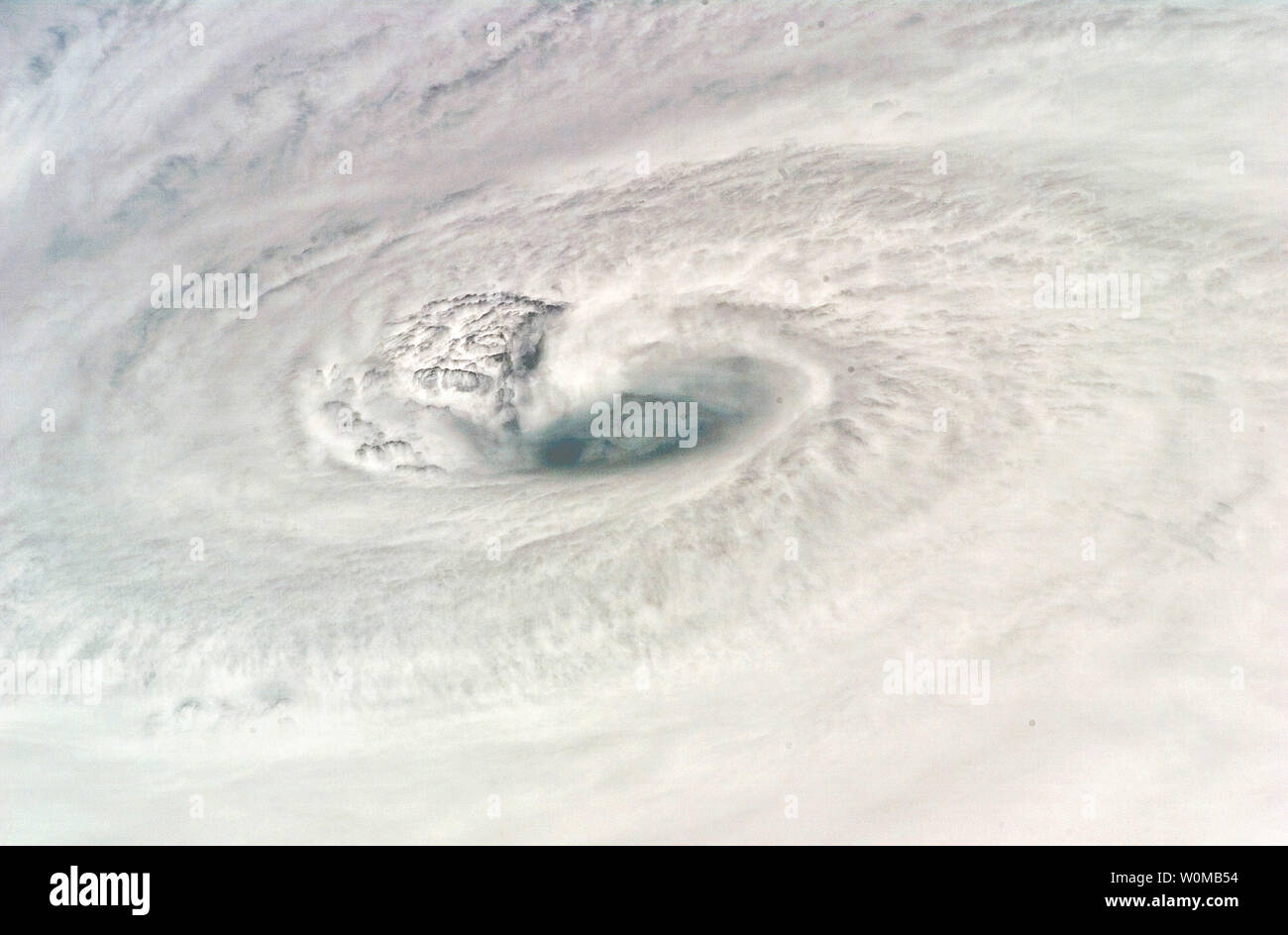 This NASA images taken by Astronauts aboard the Space Shuttle Endeavour shows the eye of category 4 Hurricane Dean as it nears Jamaica carrying sustained winds of 150 mph, on August 18, 2007. (UPI Photo/NASA) Stock Photo