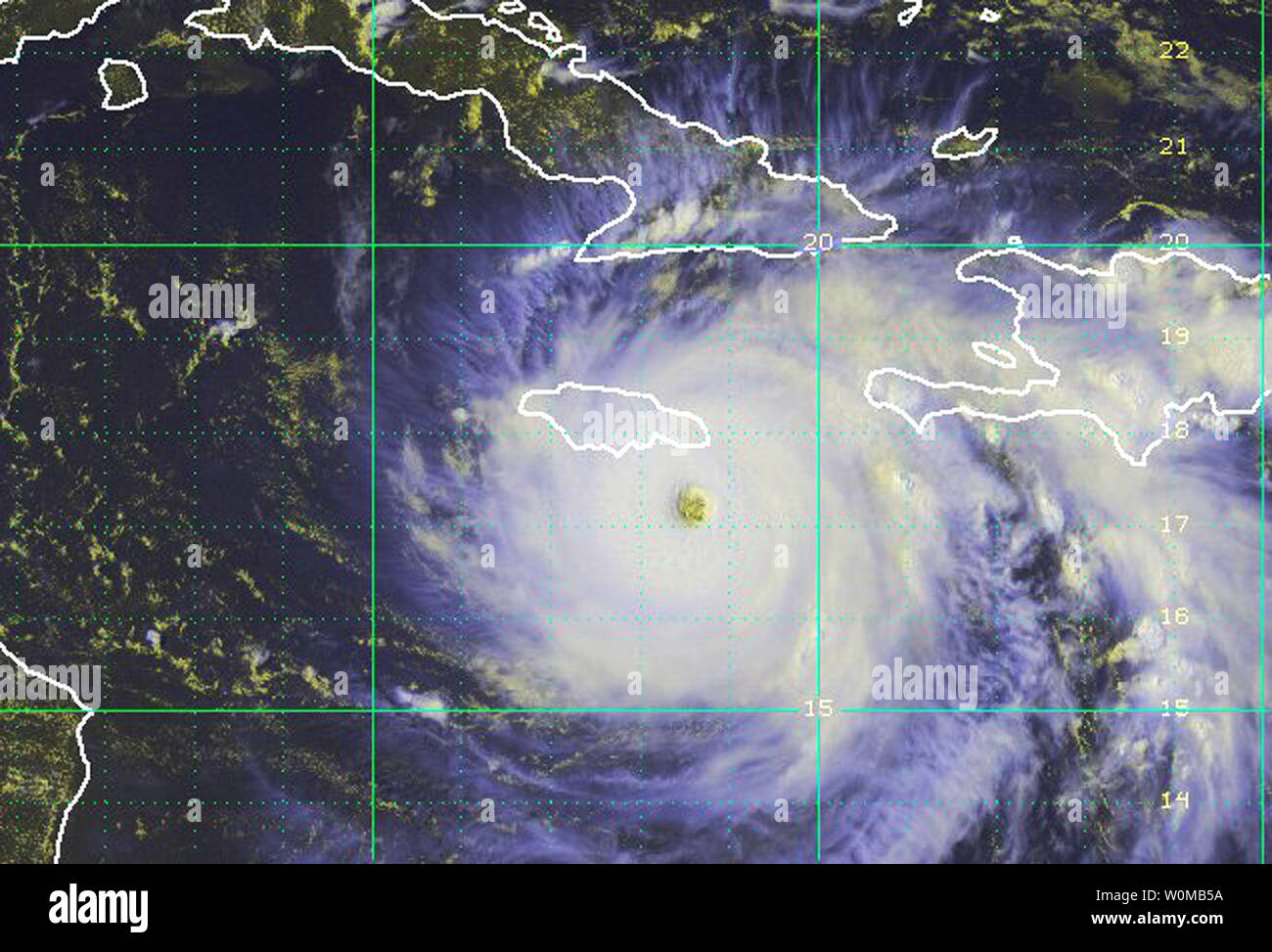 This NOAA satellite image show category 4 Hurricane Dean as it approaches Jamaica on, on August 19, 2007. The Hurricane is expected to make landfall later this evening. (UPI Photo/NOAA) Stock Photo