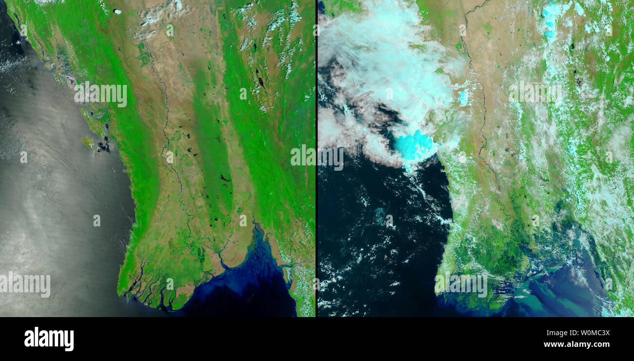 NASA's Terra satellite captured these images of the Burma coast on April 15, 2008 (L), before Tropical Cyclone Nargis flooded the region on May 4, 2008 and after the aftermath of the cyclone (R) on May 5, 2008. The death toll from the cyclone and its aftermath is feared to hit or exceed 100,000 lives. (UPI Photo/NASA/MODIS Rapid Response Team) Stock Photo