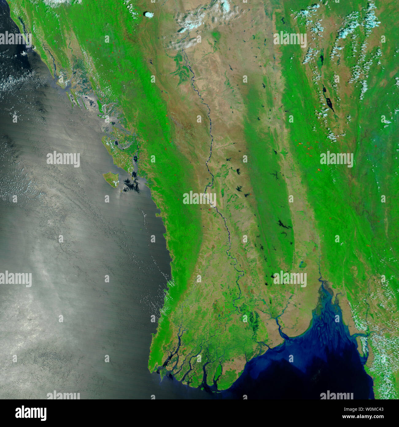 NASA's Terra satellite captured this image of the Burma coast on April 15, 2008, before Tropical Cyclone Nargis flooded the region on May 4, 2008. The death toll from the cyclone and its aftermath is feared to hit or exceed 100,000 lives. (UPI Photo/NASA/MODIS Rapid Response Team) Stock Photo