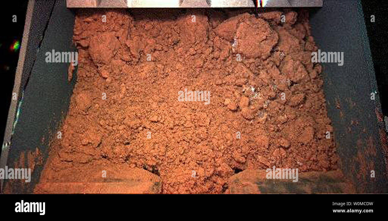 This image from NASA's Phoenix Mars Lander's Robotic Arm Camera (RAC) shows material from the Martian surface captured by the Robotic Arm (RA) scoop during its first test dig and dump on the seventh Martian day of the mission, or Sol 7 (June 1, 2008). The test sample shown was taken from the digging area informally known as 'Knave of Hearts.' Scientists speculate that the white patches on the right side of the image could possibly be ice or salts that precipitated into the soil. Scientists also speculate that this white material is probably the same material seen in previous images from under Stock Photo