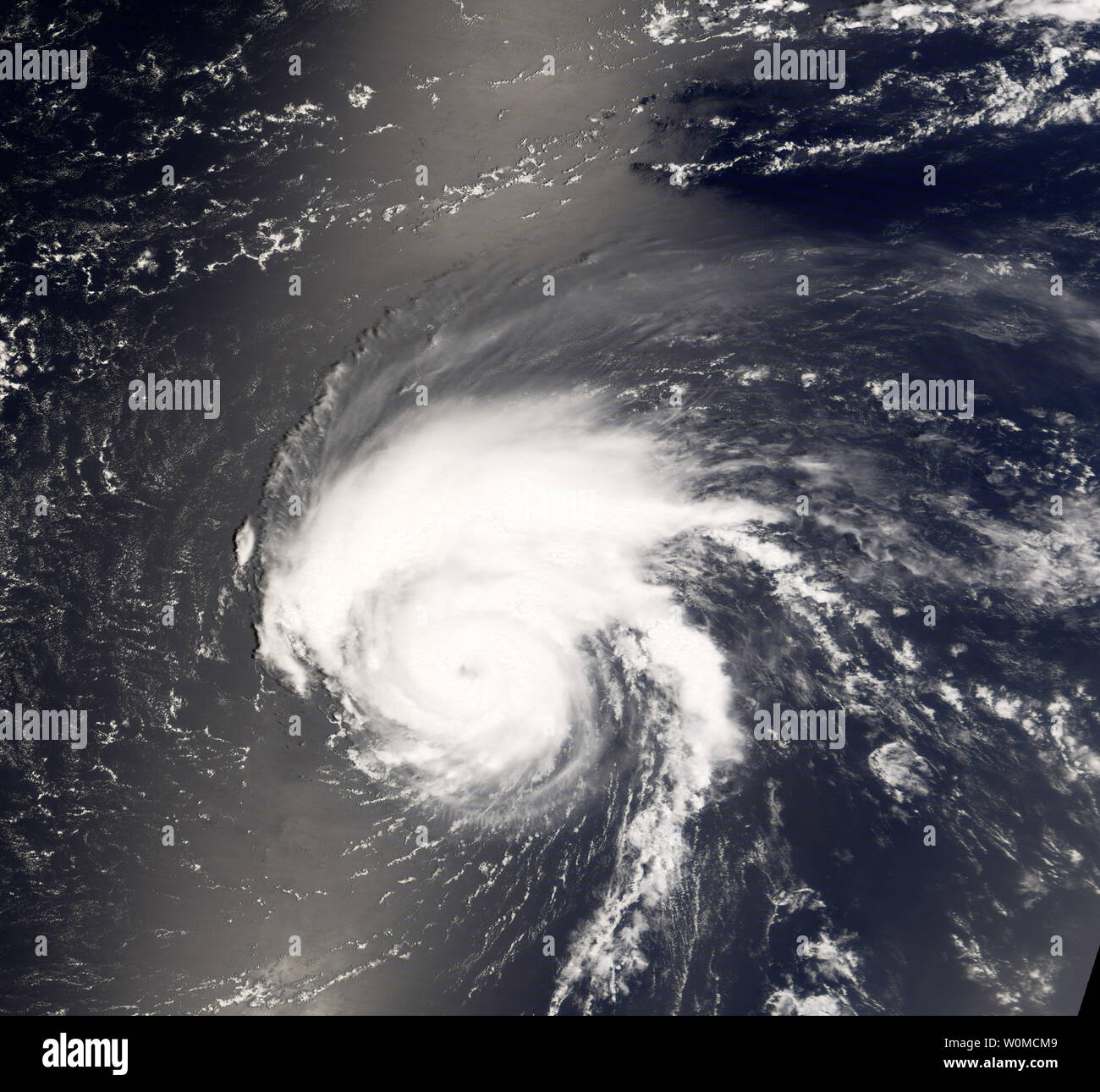 This natural-color image of Hurricane Bertha was captured by the Moderate Resolution Imaging Spectroradiometer (MODIS) on NASA's Terra satellite on July 9, 2008. On July 16, 2008, the U.S. National Hurricane Center in Miami said Bertha made a loop in the central Atlantic Ocean is moving slowly east at 3 mph, 380 miles northeast of Bermuda. The storm had sustained winds of 70 mph with gusts up to 85 mph. (UPI Photo/NASA/Jesse Allen MODIS Rapid Response Team) Stock Photo