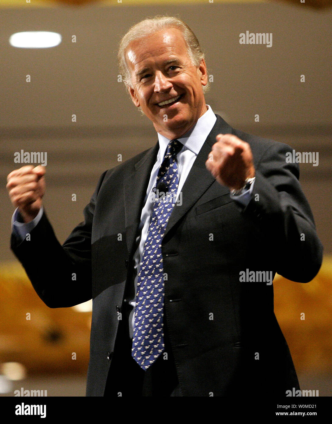 This July 15, 2007 file photo shows Sen. Joe Biden (D-DE) as he speaks during a forum of Democratic Presidential candidates hosted by the American Association for Justice at their 2007 Annual Convention in Chicago. Presumptive Democratic presidential candidate Barack Obama announced today that he has selected Biden as his running mate. (UPI Photo/Brian Kersey/File Photo) Stock Photo