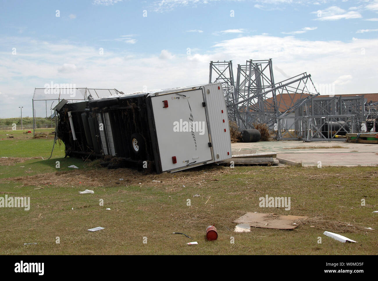 Portable buildings, trailers and towers at Sector Field Office in Galveston, Texas, as seen on September 15, 2008, sustained major damage during Hurricane Ike.     (UPI Photo/Alan Haraf/Coast Guard) Stock Photo