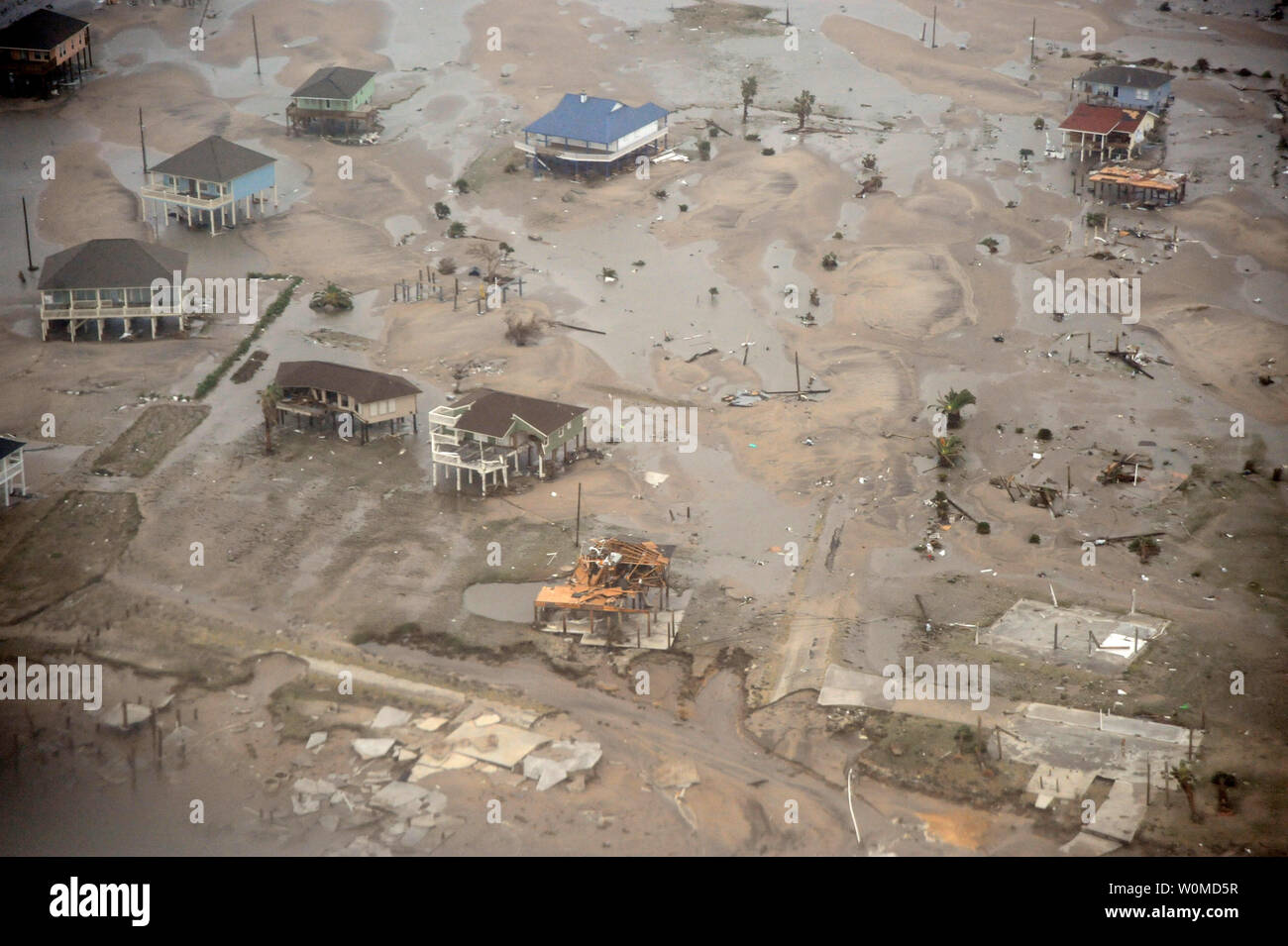 This Coast Guard photo of Galveston Island, Texas shows damage and destruction during Hurricane Ike on September 13, 2008.   (UPI Photo/US Coast Guard/Tom Atke) Stock Photo