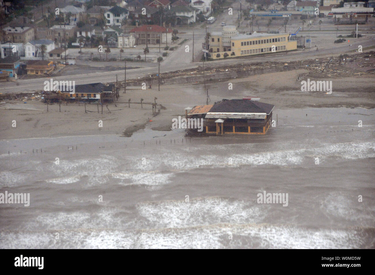 This Coast Guard photo of Galveston Island, Texas shows damage and destruction during Hurricane Ike on September 13, 2008.   (UPI Photo/US Coast Guard/Tom Atke) Stock Photo