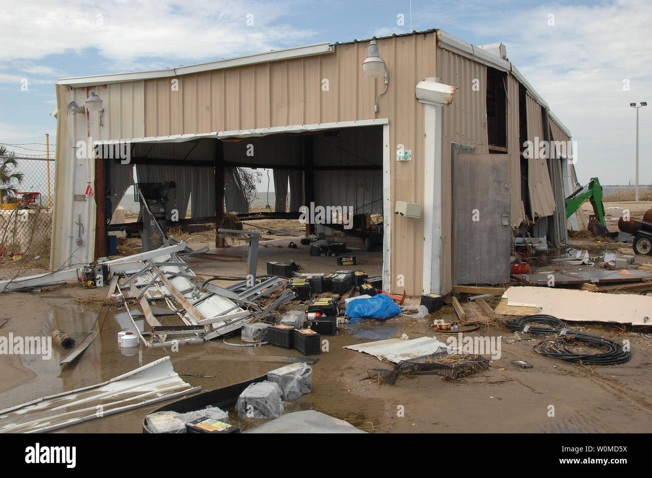 Debris surrounds one of the buildings, seen on September 15, 2008, that sustained major damage at Sector Field Office in Galveston, Texas, following Hurricane Ike.    (UPI Photo/Alan Haraf/Coast Guard) Stock Photo