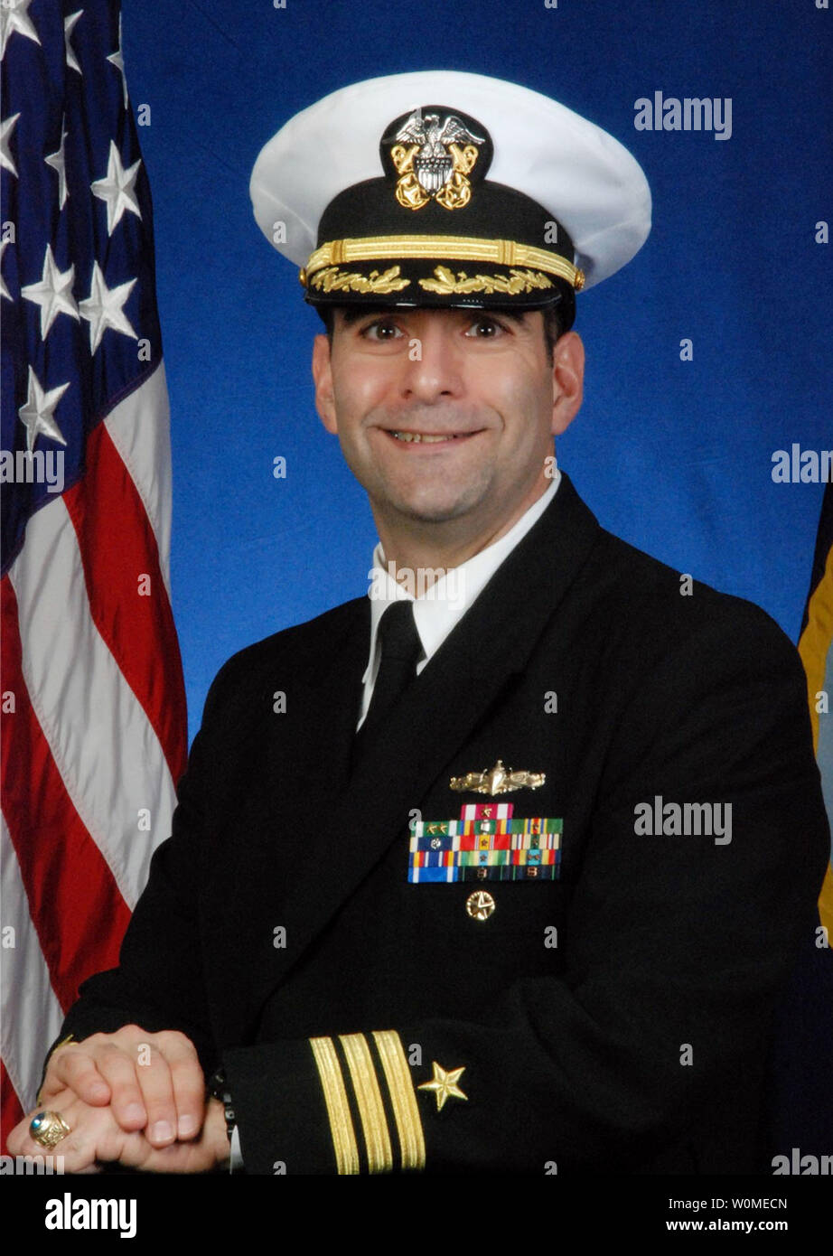 This undated file photo provided by the U.S. Navy on April 13, 2009, shows Cmdr. Frank X. Castellano, commanding officer of the guided-missile destroyer USS Bainbridge. US Navy SEALs shot dead three pirates holding Captain Richard Phillips of the cargo ship Maersk Alabama when they felt he was in imminent danger as the pirates pointed an AK-47 rifle at him off the coast of Somalia on April 12, 2009.    (UPI Photo/U.S. Navy Photo) Stock Photo