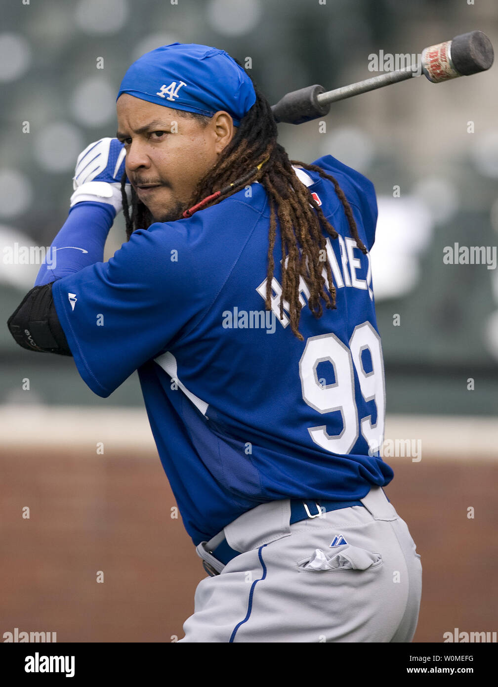 Los Angeles Dodgers left fielder Manny Ramirez, seen in an April 24, 2009 file photo in Denver, has been suspended for 50 games for violating Major League Baseball's drug policy, announced May 7, 2009.    (UPI Photo/Gary C. Caskey/File) Stock Photo
