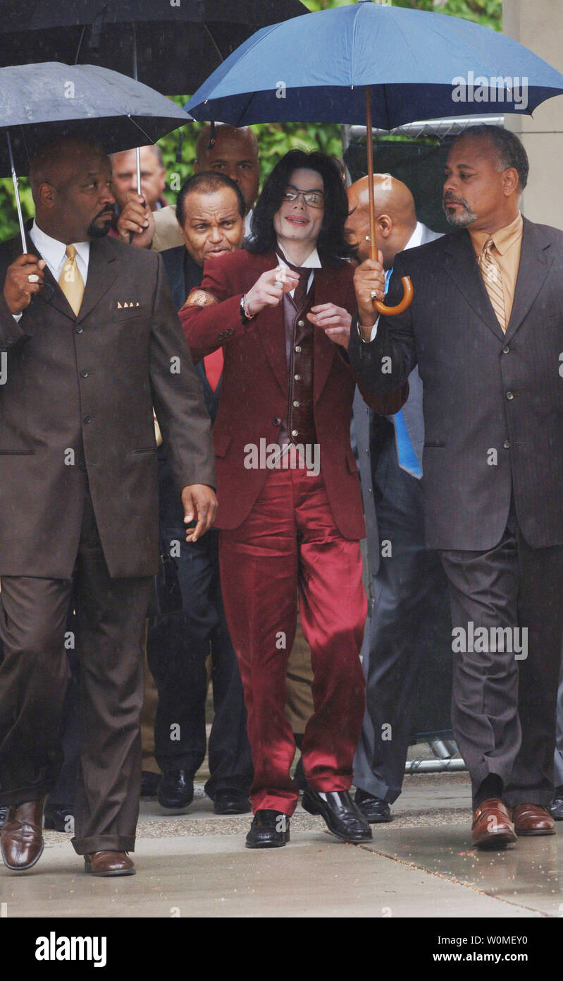 Michael Jackson , the 'King of Pop', seen in a March 28, 2005 file photo in Santa Maria, died from a heart attack in Los Angeles on June 25, 2009. He was 50 years old. (UPI Photo/Jim Ruymen/File) Stock Photo
