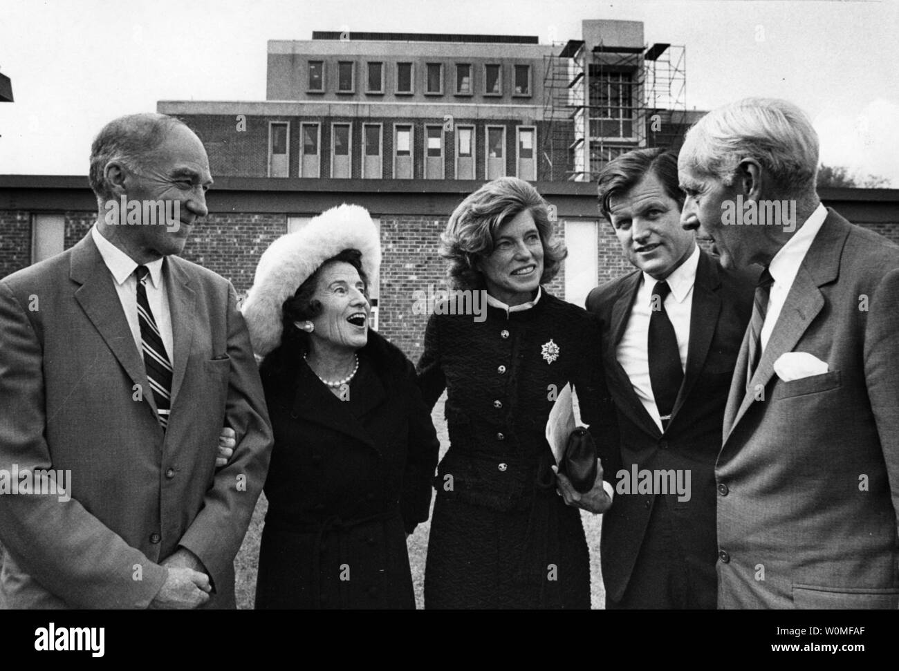 Sen. Edward 'Ted' Kennedy, D-MA, died at his home in Cape Cod, Massachusetts, after a year-long battle against brain cancer on August 25, 2009. Kennedy (2nd from right) is shown in Waltham, Mass., on October 14, 1970 for the dedication of the Eunice Kennedy Shriver Institute. L-R: Dr. Raymond D. Adams director of the Center; Mrs. Rose Kennedy; Mrs. Eunice Kennedy Shriver; Sen. Kennedy; and Mr. David Crockett, Associate Director of Massachusetts Hospital.   UPI/Files. Stock Photo