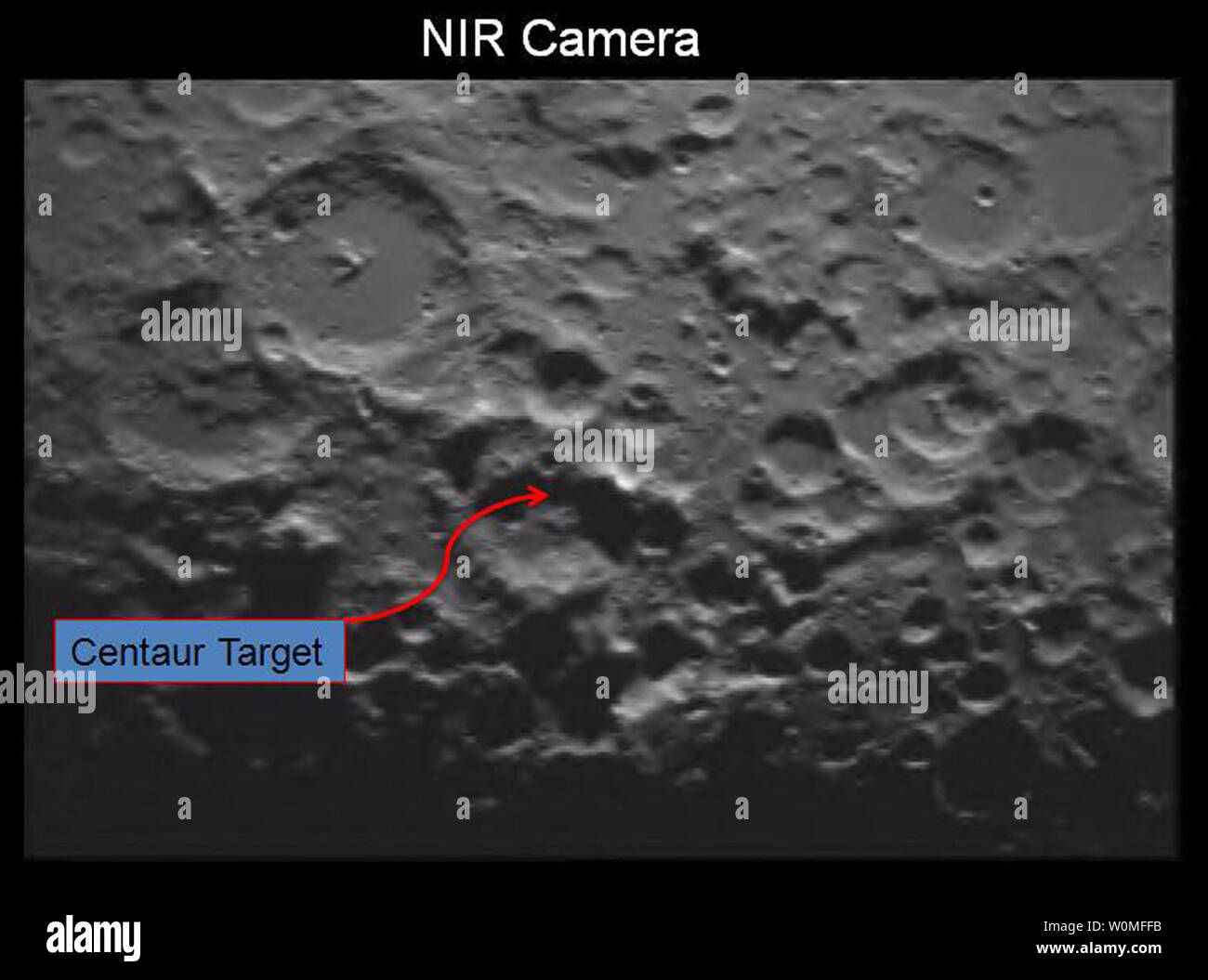 A pre-impact image of lunar south pole is seen at in an undated NASA photo. The site of a planned crash by a NASA rocket is labeled in the photo. Scientists hope the crash will help uncover ice on the moon. UPI/NASA/MSFC Stock Photo