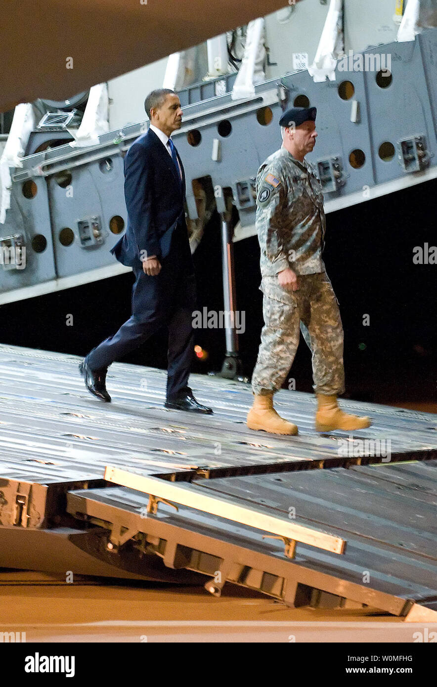U.S. President Barack Obama and U.S. Army Maj. Gen. Daniel V. Wright exit a C-17 Globemaster III aircraft during the dignified transfer of Army Sgt. Dale R. Griffin at Dover Air Force Base, Delaware on October 29, 2009. Griffin, who was assigned to 1st Battalion, 17th Infantry Regiment, 5th Stryker Brigade Combat Team, 2nd Infantry Division, was killed in action on October 27, 2009, by a roadside bomb in the Kandahar province of Afghanistan. UPI/Jason Minto/U.S. Air Force Stock Photo
