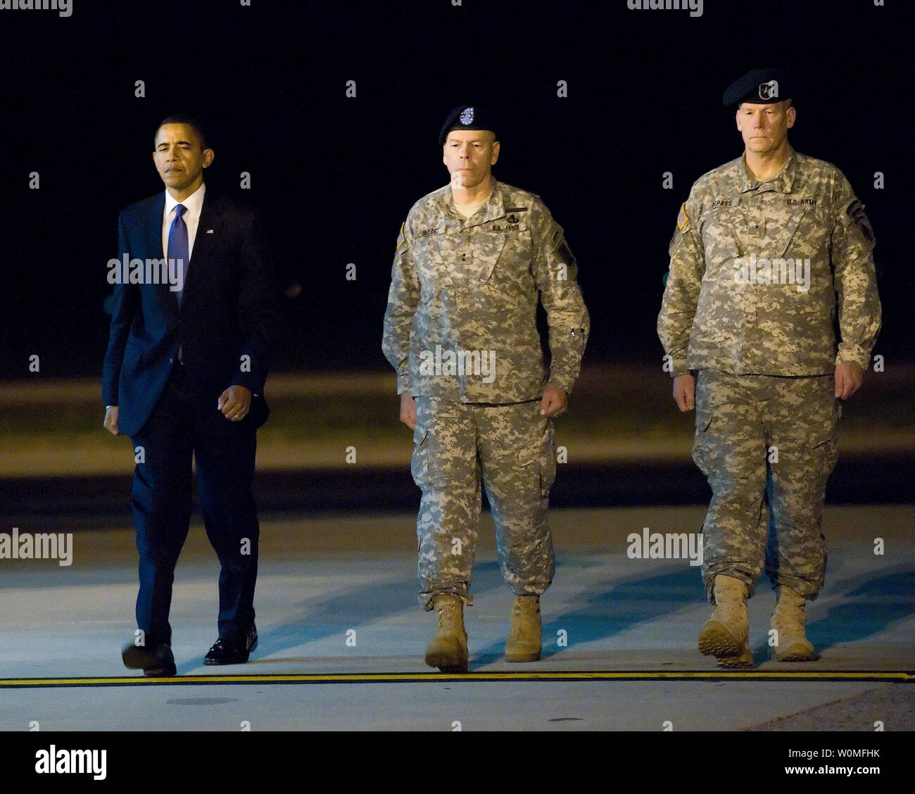 U.S. President Barack Obama, Army Maj. Gen. Daniel V. Wright, and Army Brig. Gen. Michael S. Repass depart the flight line during the dignified transfer of Army Sgt. Dale R. Griffin of Terre Haute, Ind., at Dover Air Force Base, Delaware on October 29, 2009. Griffin, who was assigned to 1st Battalion, 17th Infantry Regiment, 5th Stryker Brigade Combat Team, 2nd Infantry Division, was killed in action on October 27, 2009, by a roadside bomb in the Kandahar province of Afghanistan. UPI/Jason Minto/U.S. Air Force Stock Photo