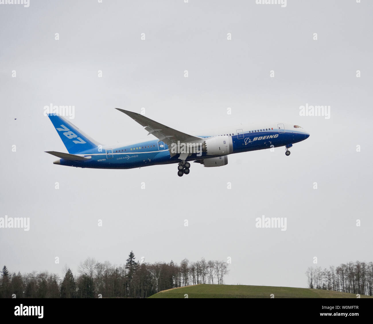 The Boeing 787 Dreamliner is seen during takeoff on its