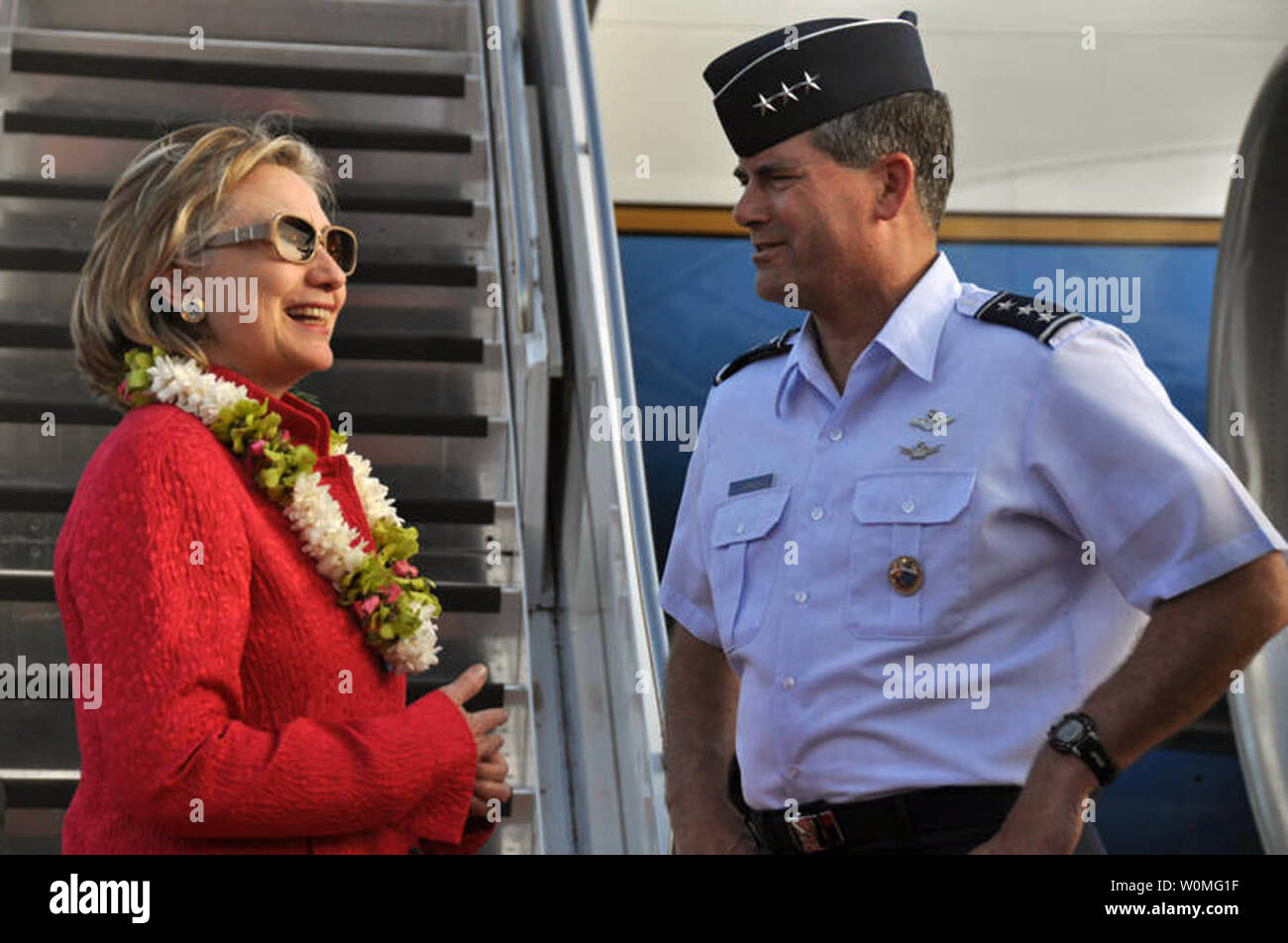 Secretary of State Hillary Rodham Clinton (L) speaks with U.S. Air Force Lt. Gen. Daniel J. Darnell, the deputy commander of U.S. Pacific Command, upon her arrival to Hickam Air Force Base, Hawaii on January 11, 2010. Clinton is on a trip through the Pacific region to strengthen ties with partner nations and will stop in Australia, New Zealand and Papua New Guinea. UPI/Cohen A. Young/U.S. Air Force Stock Photo