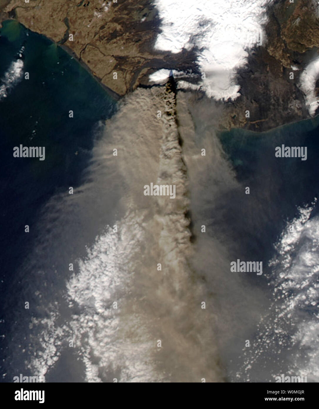 Thick ash poured from Iceland Eyjafjallajškull volcano when the Moderate Resolution Imaging