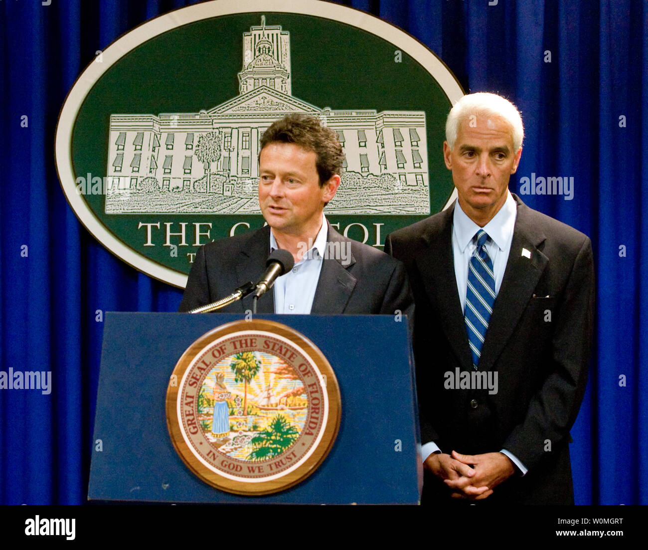 British Petroleum (BP) CEO Tony Hayward (L) and Florida Governor Charlie Crist address the press at the State House in Tallahassee, Florida on May 17, 2010. Hayward announced that BP would provide a $25 million grant to Florida to promote tourism. An explosion of the BP Deepwater Horizon oil rig on April 20 continues to spill oil into the Gulf. UPI/Joshua Drake/BP Stock Photo