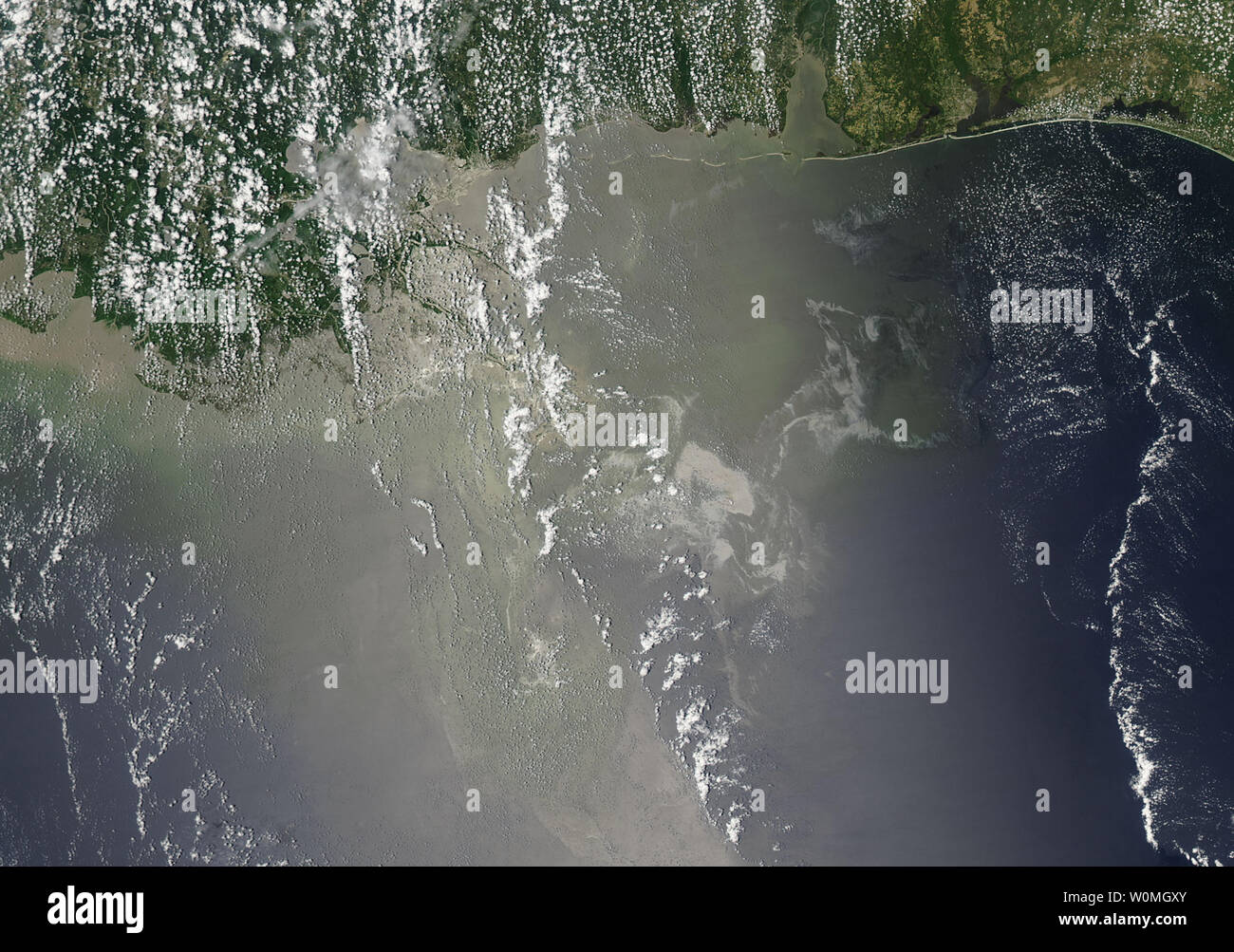 This Moderate Resolution Imaging Spectroradiometer (MODIS) image on NASA's Aqua satellite, taken on June 10, 2010, shows the oil slick off the Mississippi Delta over the Gulf of Mexico. The oil spill caused by BP's Deepwater Horizon oil rig explosion in April continues to leak oil into the Gulf. UPI/NASA Stock Photo