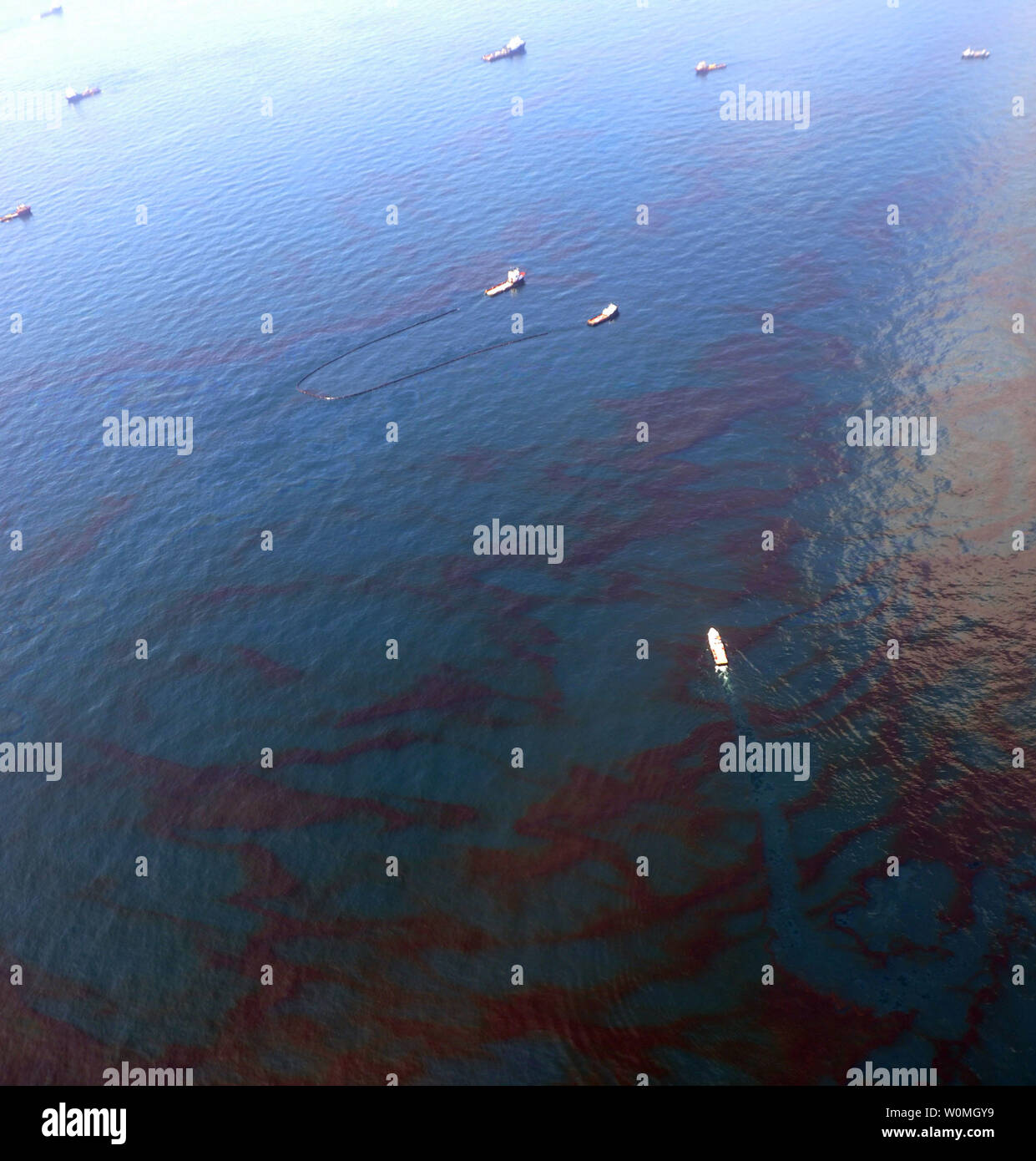 Crude oil is seen on the surface of the water in the Gulf of Mexico near Biloxi, Mississippi on June 12, 2010, as it continues to leak from the British Petroleum underwater well after the Deepwater Horizon oil rig explosion. UPI/Casey Ware/U.S. Coast Guard Stock Photo