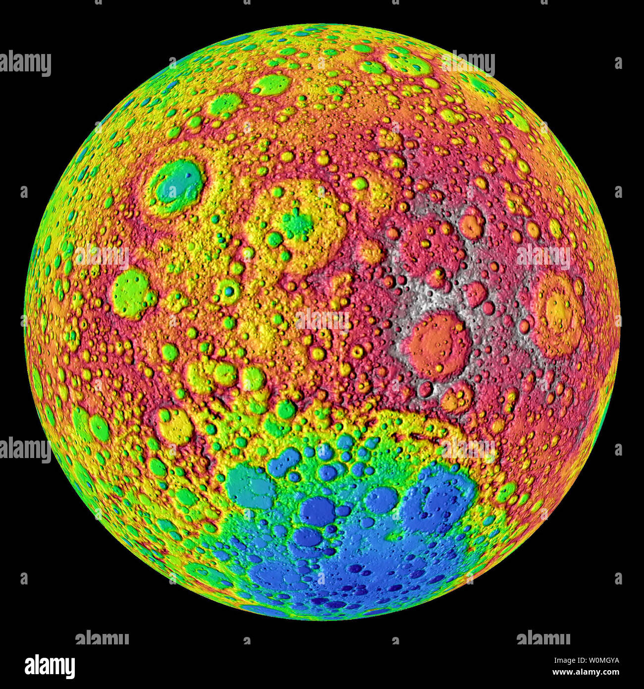 NASA's Lunar Reconnaissance Orbiter's (LRO) LOLA laser altimeter shows a  color-coded image of elevations on the far side of the moon, June 24, 2010.  The moon's topography is seen from LRO's LOLA