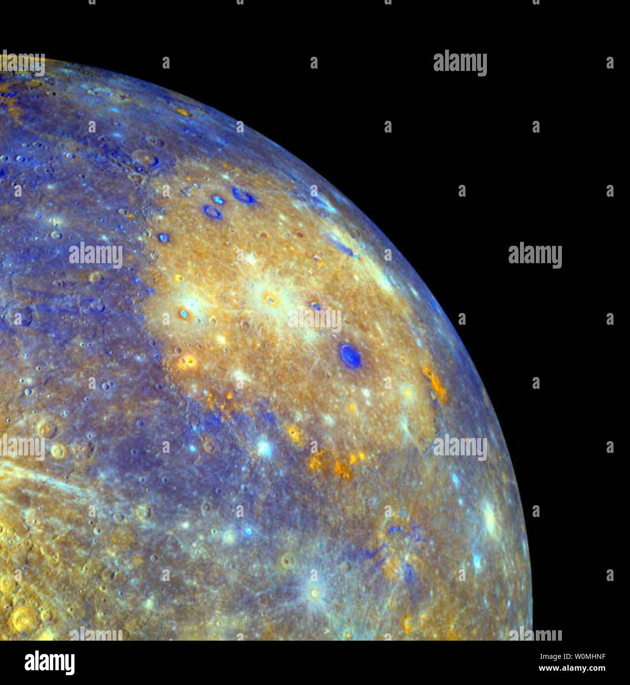 This NASA image released in 2008 shows an enhanced image of Mercury from the Messenger space probe's flyby of the planet. NASA said the Messenger space probe successfully entered Mercury's orbit Thursday night. This marks the first time a spacecraft has entered orbit of our solar system's innermost planet. UPI/NASA.. Stock Photo