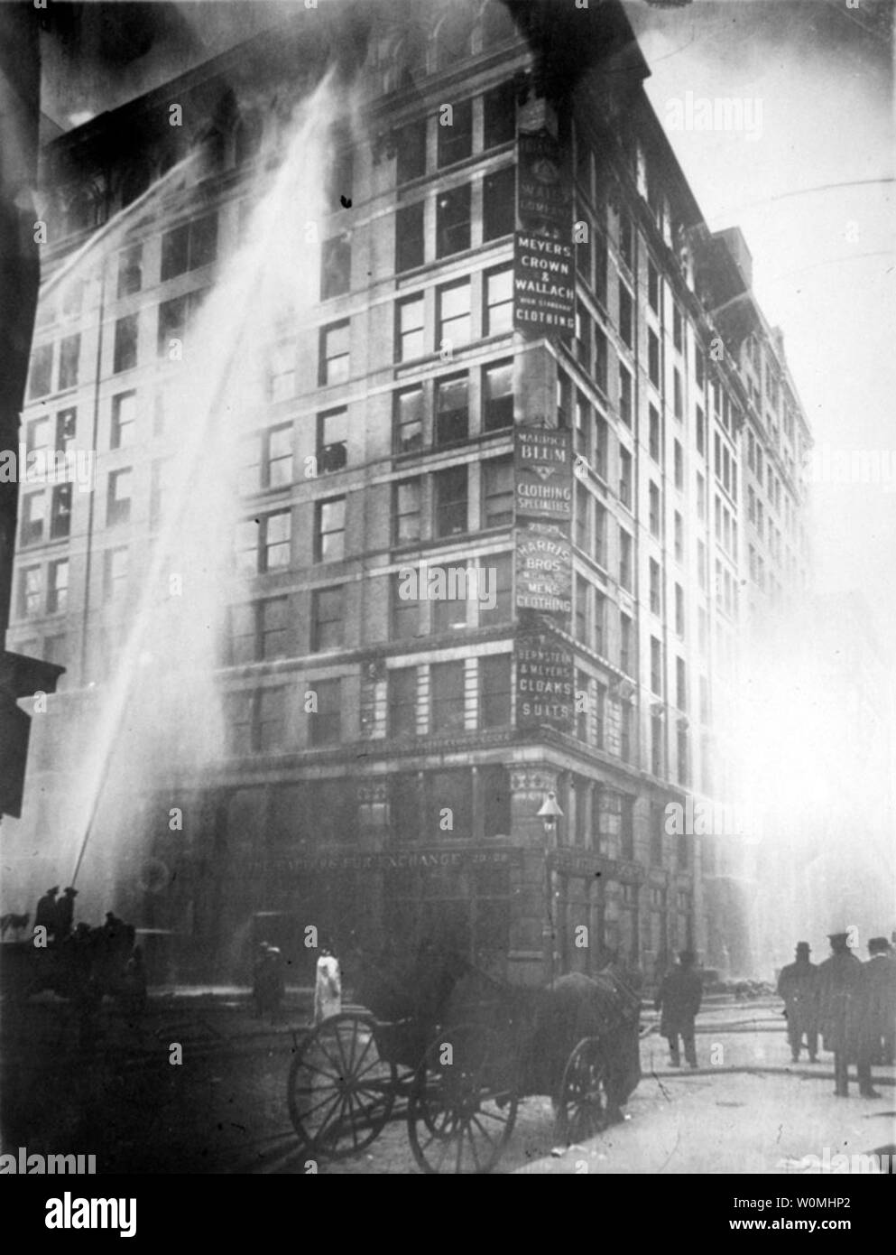 Fire fighters battle the flames at the Triangle Shirtwaist Factory fire on March 25, 1911 in New York, New York. March 25, 2011 is the 100th anniversary of the fire when 146 factory workers died after building mangers locked doors leading to all exits. Eye witness accounts by United Press reporter William G. Shepherd along with other reports during the following days and weeks brought the conditions of garment worker into public scrutiny.   UPI/Cornell University Stock Photo