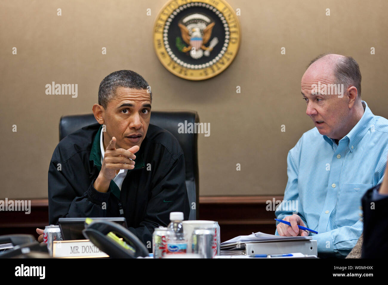 President Barack Obama makes a point during one in a series of meetings in the Situation Room of the White House discussing the mission against Osama bin Laden, May 1, 2011. National Security Advisor Tom Donilon is pictured at right.       UPI/Pete Souza/White House Stock Photo