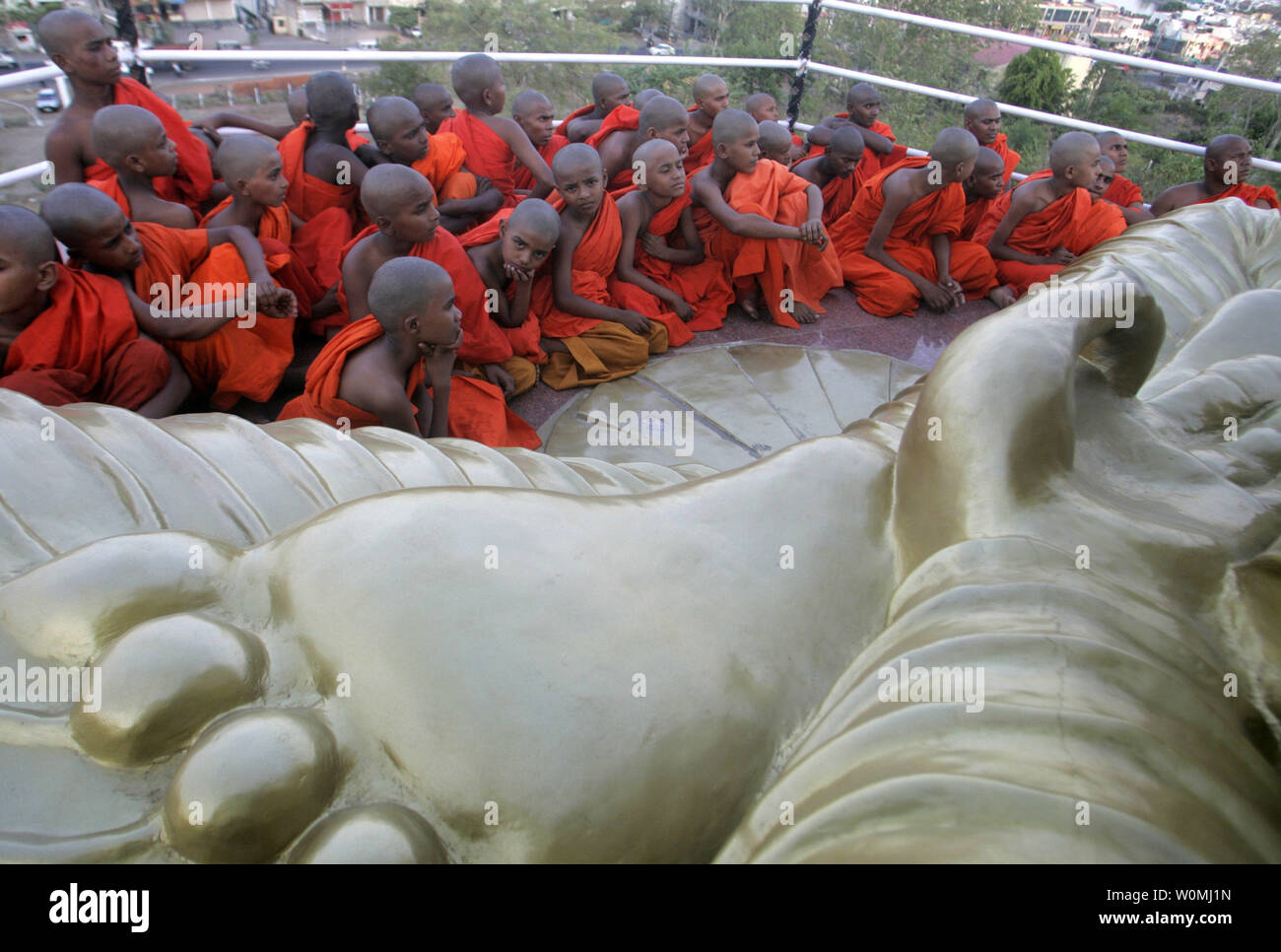 Indian Buddhist monks pray during the 2,555th Buddha Jayanti or Buddha